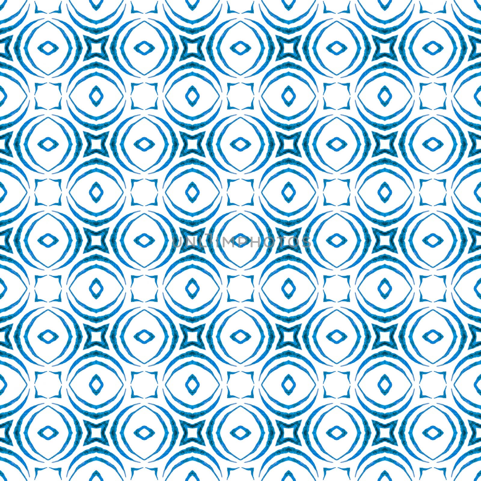 Textile ready positive print, swimwear fabric, wallpaper, wrapping. Blue fascinating boho chic summer design. Hand painted tiled watercolor border. Tiled watercolor background.