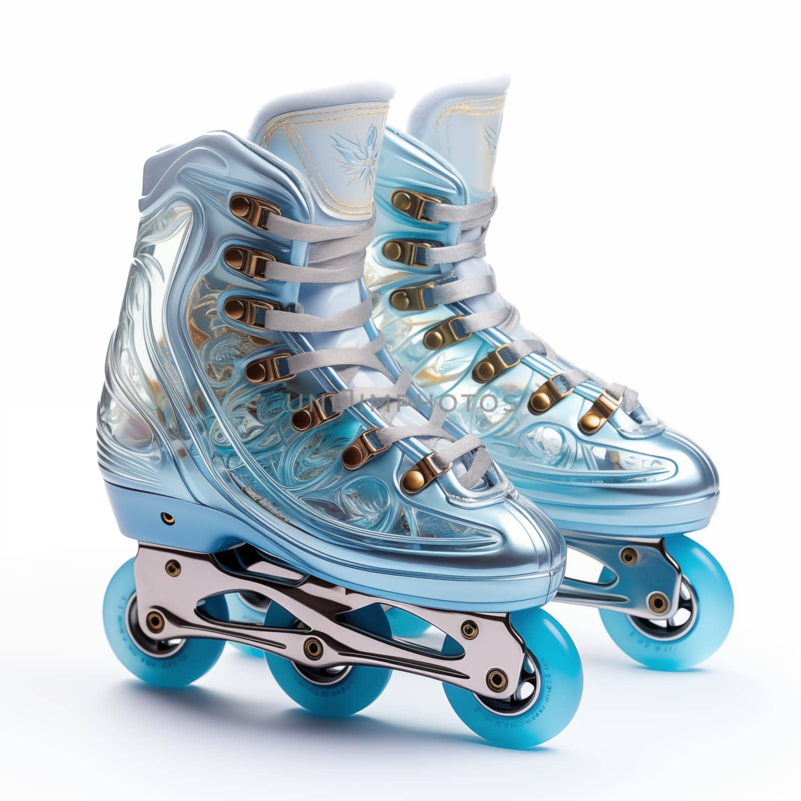 Luxury blue roller skates standing isolated on a white background.