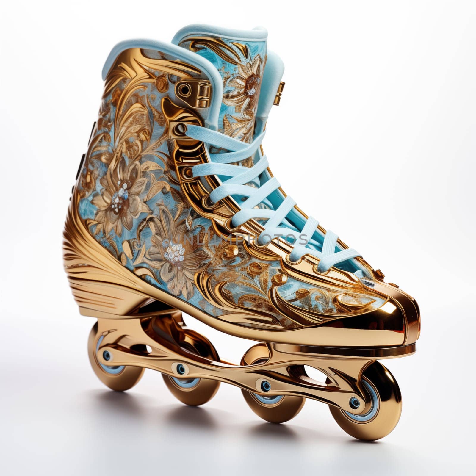 Luxury golden roller skates standing isolated on a white background.