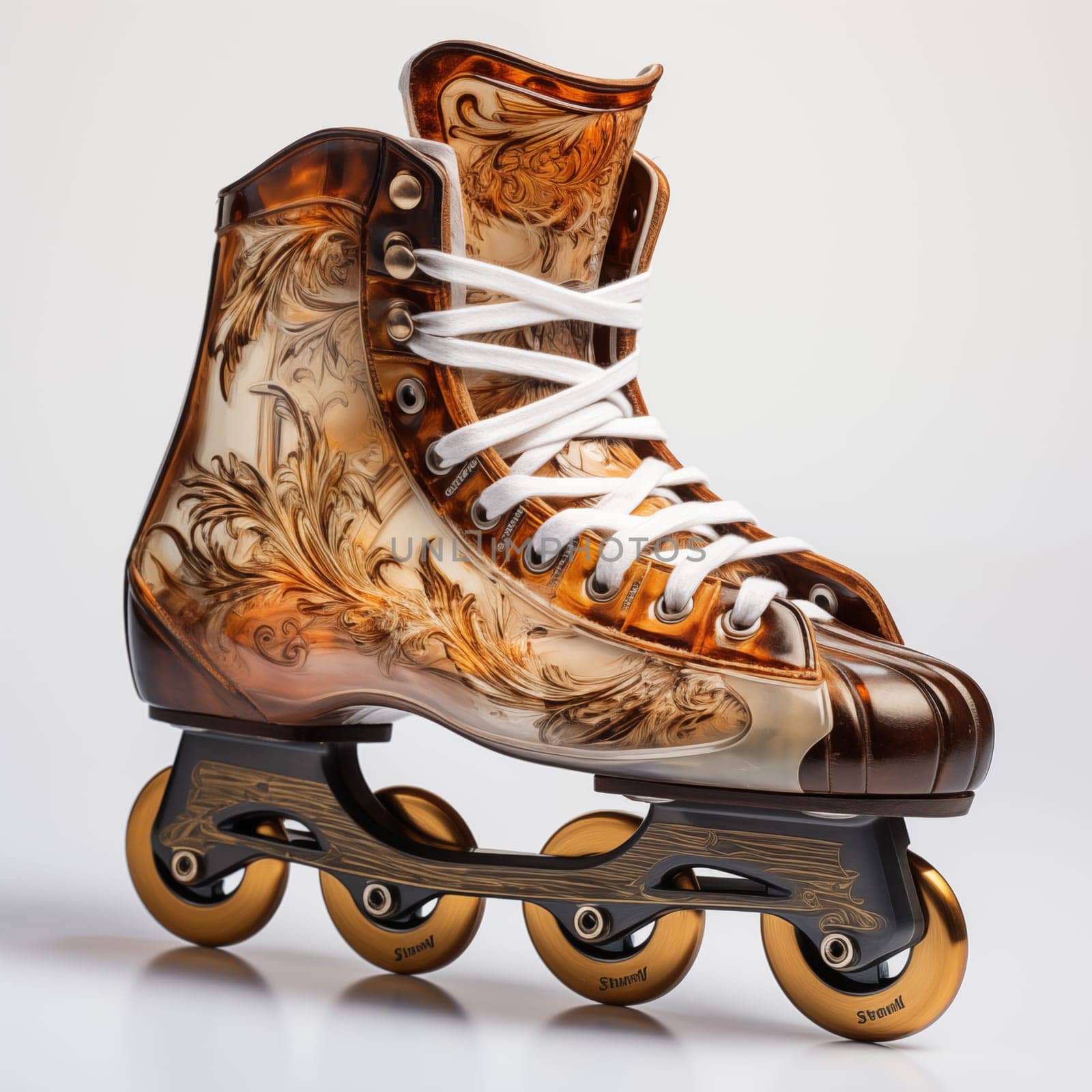 Luxury golden roller skates standing isolated on a white background.