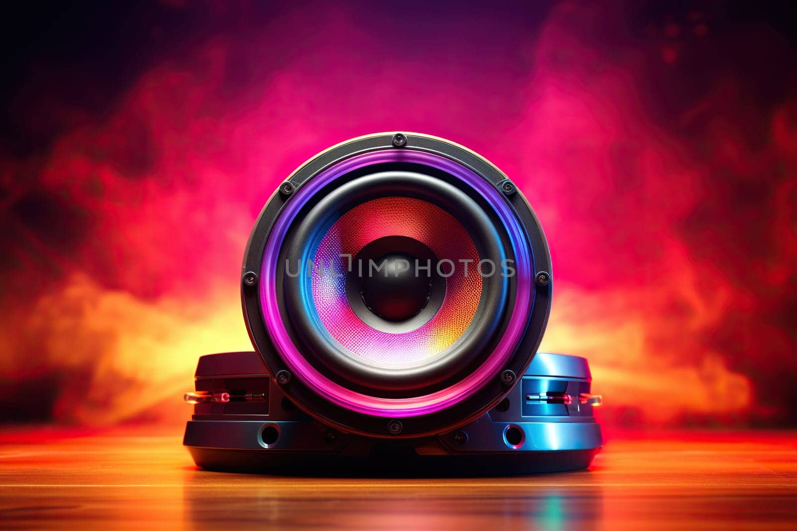 Music column, speaker in bright colored lighting. Music and sound concept.