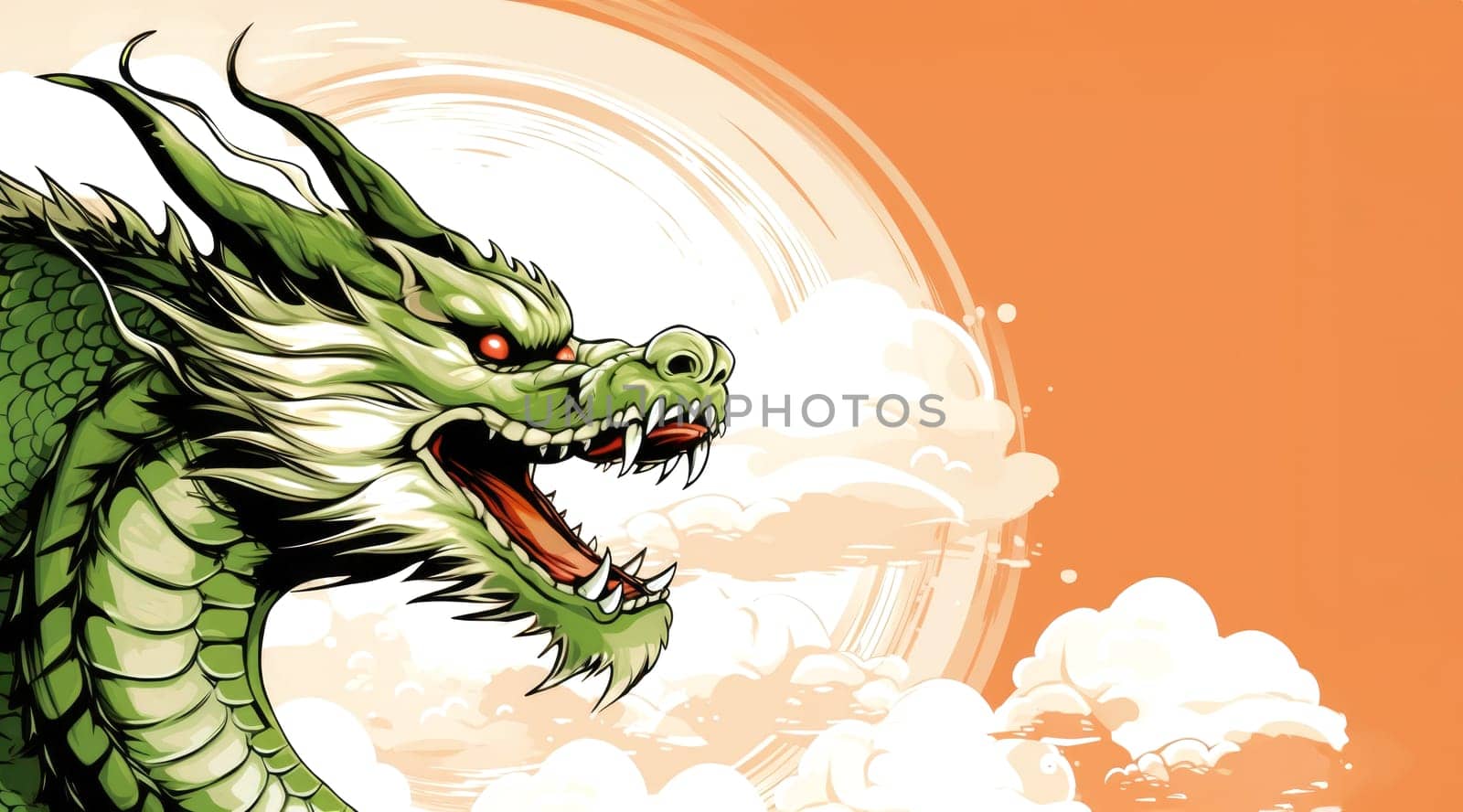 A drawing of a chinese dragon with copy space. Template for postcard, poster, sticker, etc. Design element for creativity