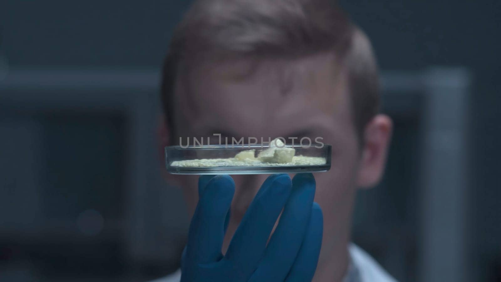 A scientist holding a Petri Dish with Virus and bacteria cells. A medical or agricultural scientist, chemist or researcher holding a petri dish with clear fluid. Petri dish with sample.
