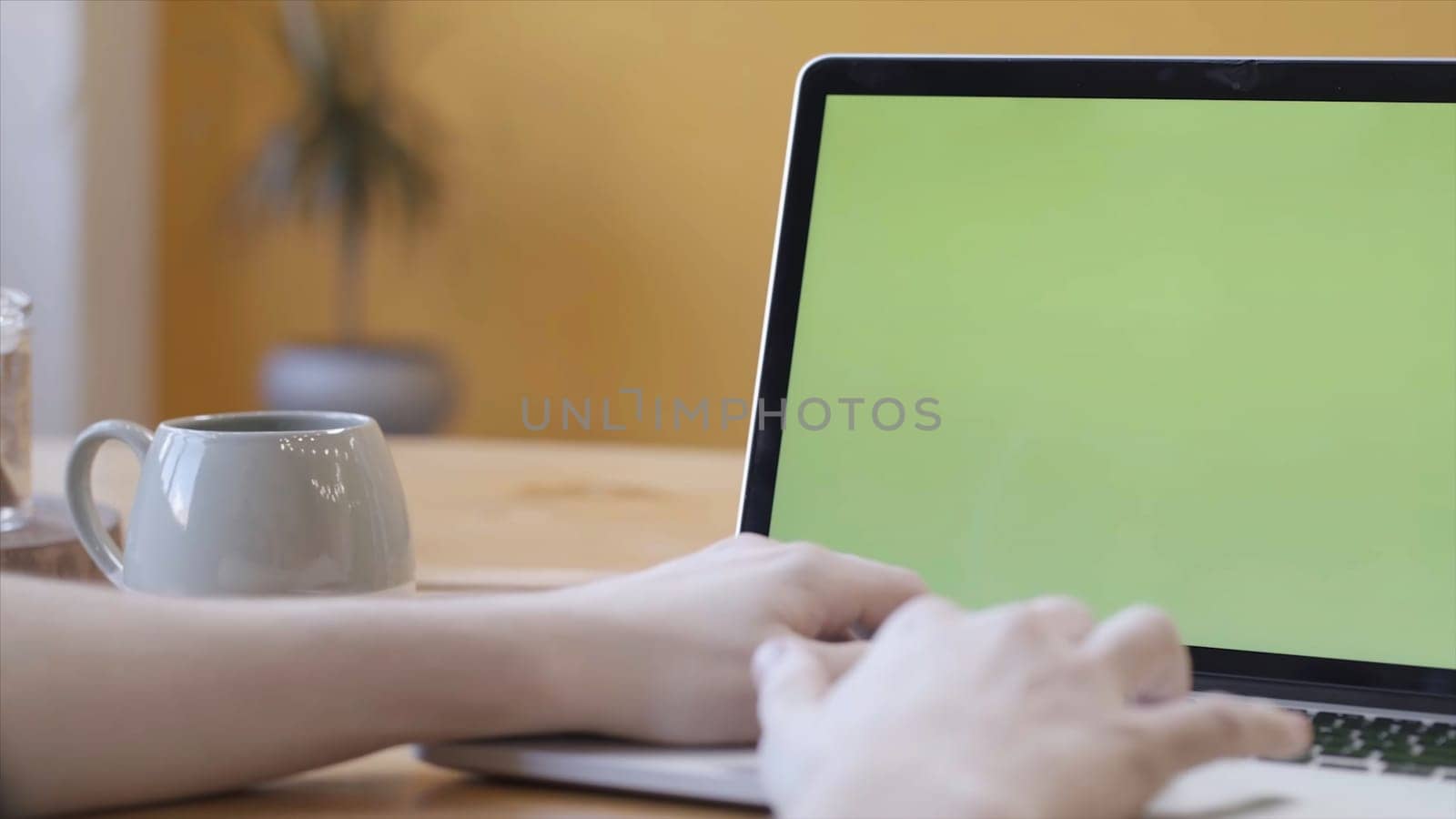 Woman's hands with perfect manicure typing on a laptop keyboard. Chroma key green screen for placement of your own content.