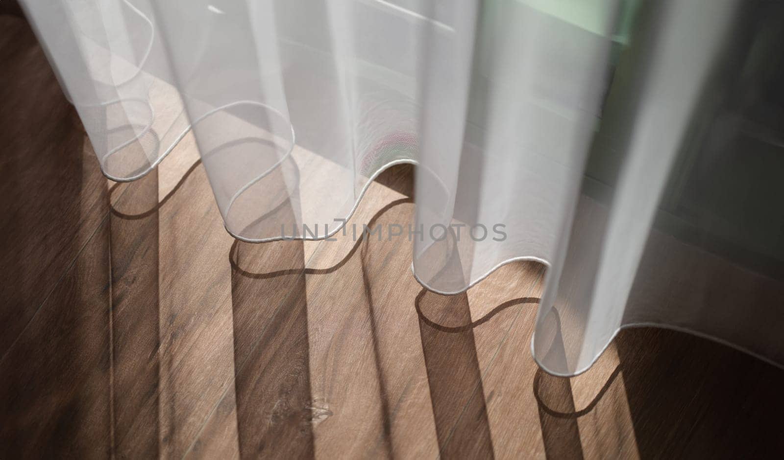 Sunlight falling on wooden floor and creating shadow from curtains background. Interior design sewing curtains concept