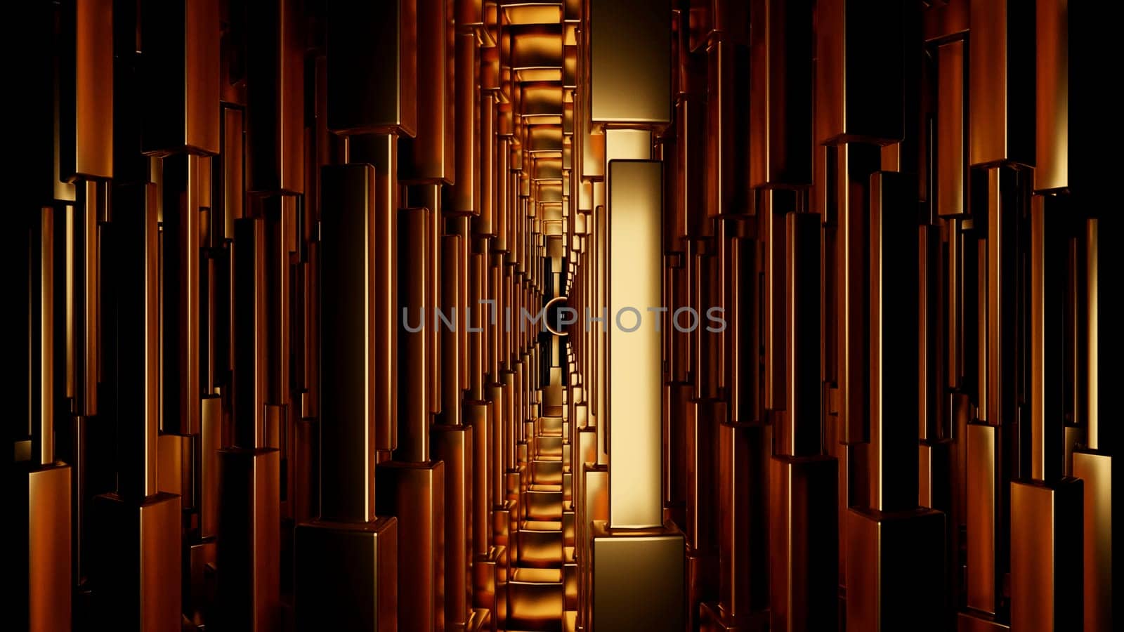 Abstract rows of bronze vertical metal bars spinning around the central core. Design. Black sphere surrounded by 3d stripes