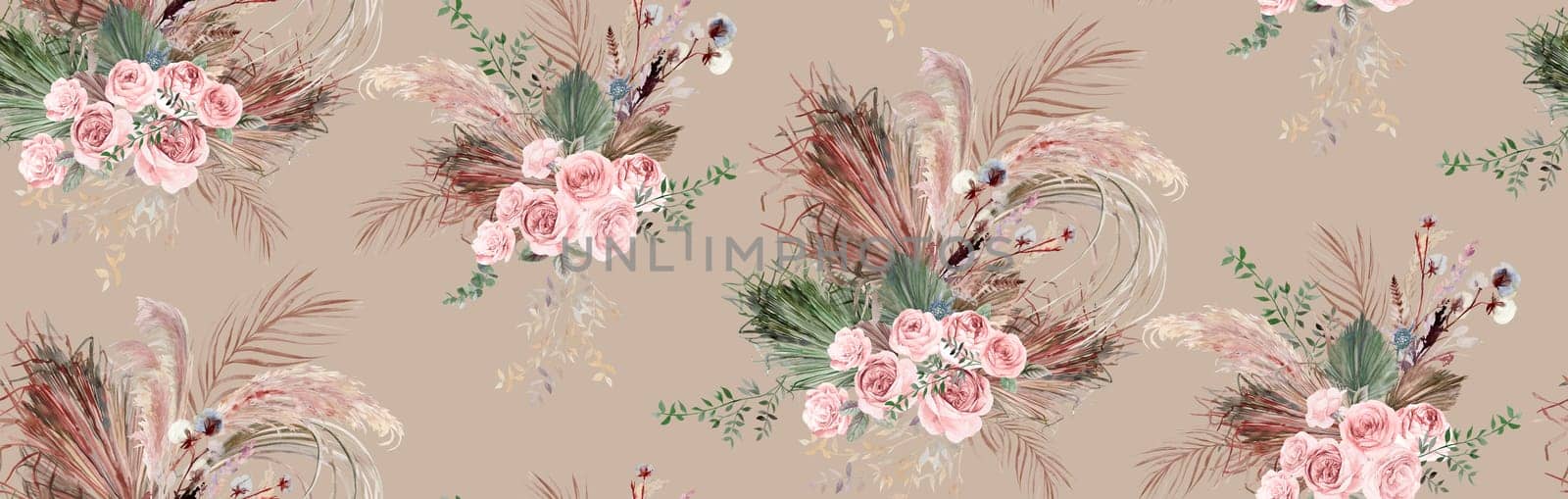 Watercolor seamless pattern in boho style with botanical composition of dried flowers with palm leaves by MarinaVoyush