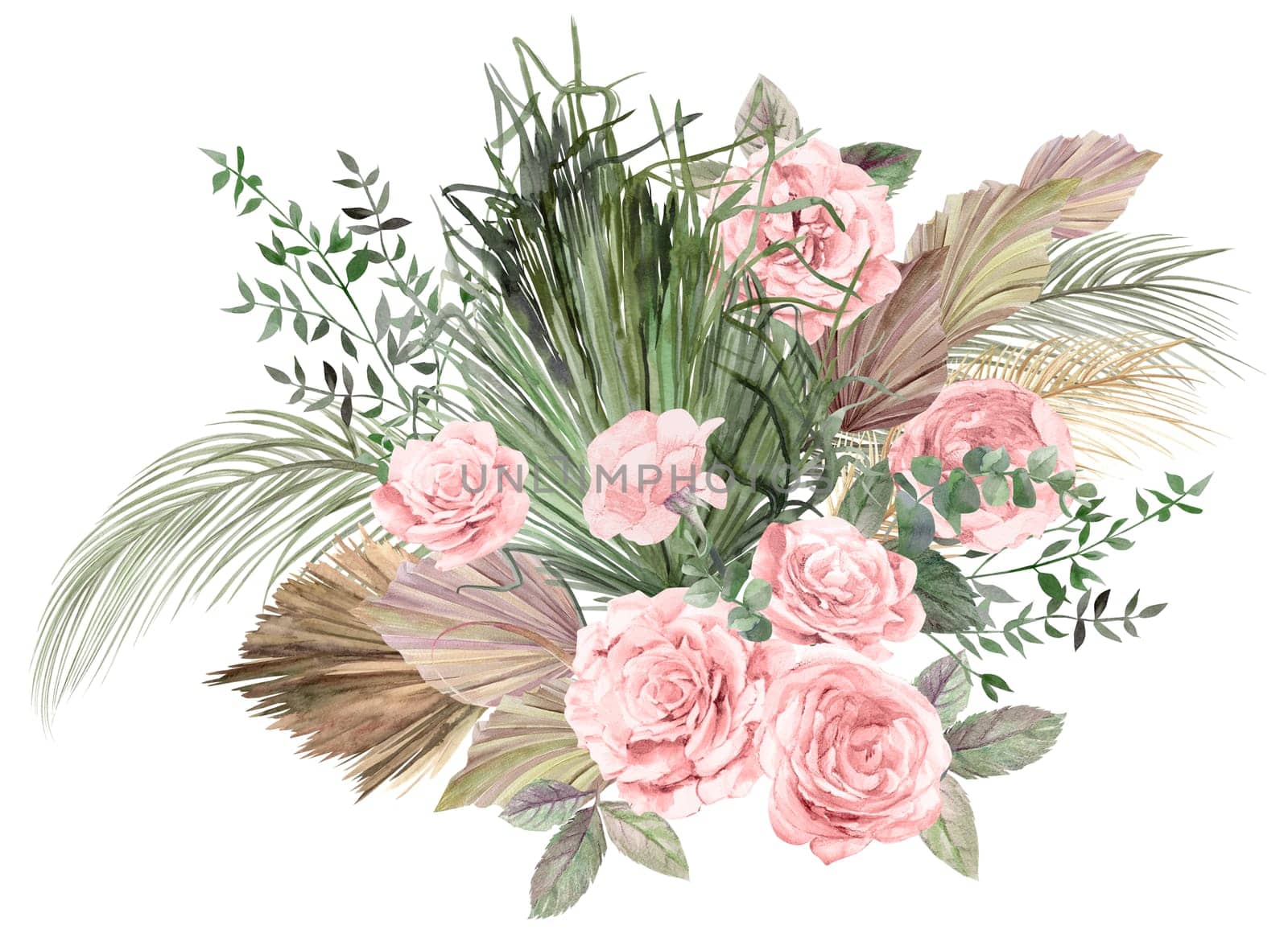 Watercolor illustration with a bouquet with flowers of light roses and dried flowers and palm leaves in Boho style isolated on a white background