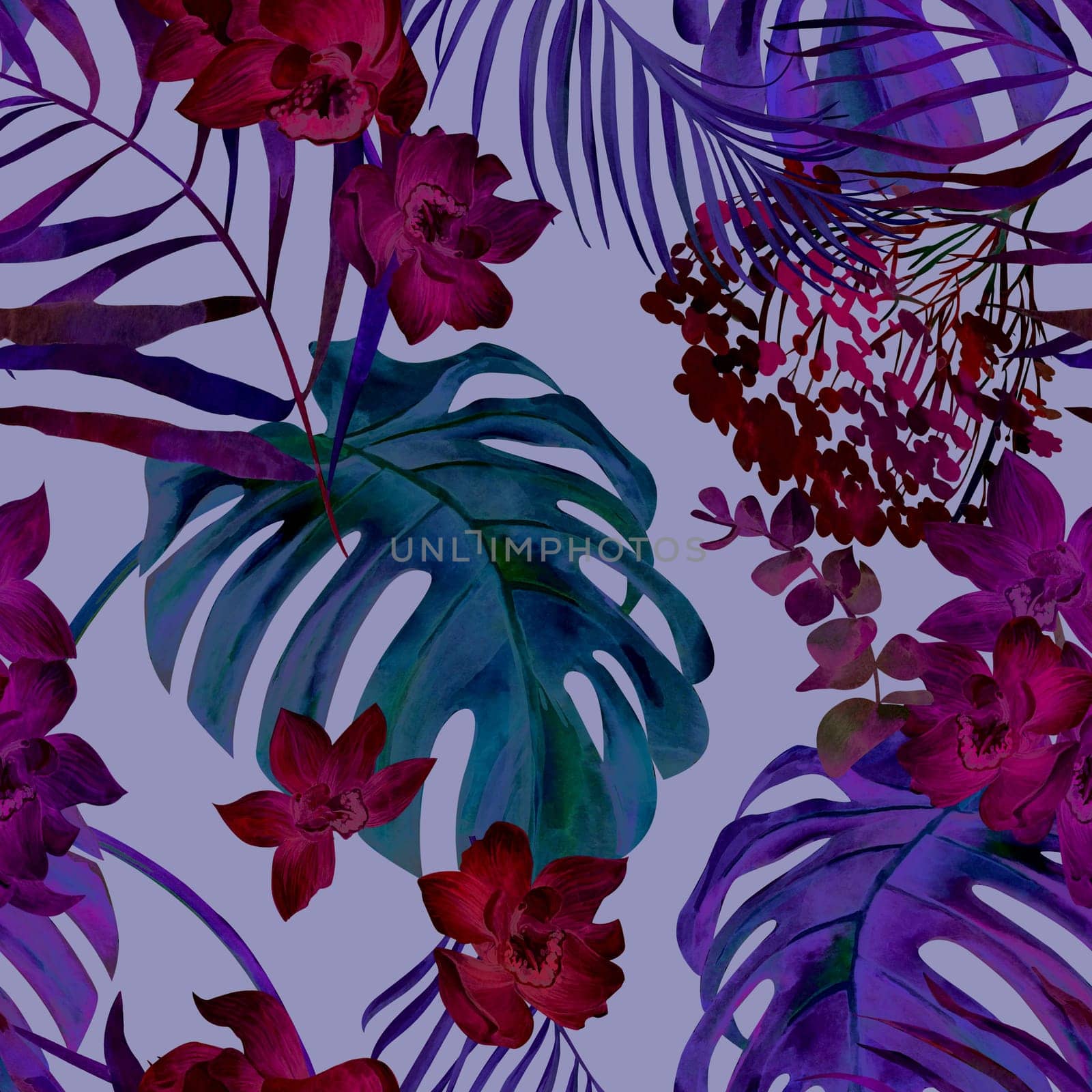 Seamless bright tropical pattern with orchid flowers and monstera leaves by MarinaVoyush