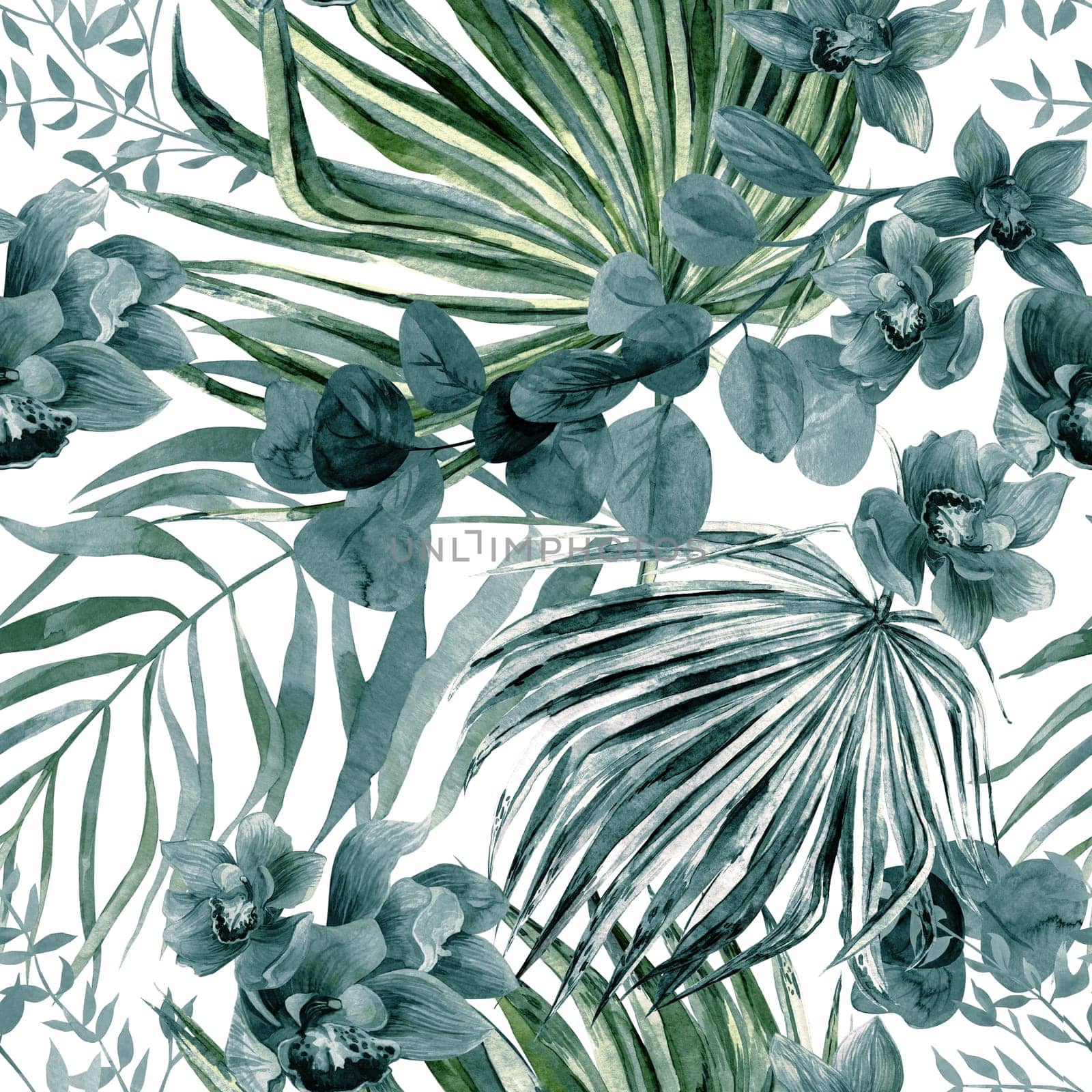Seamless botanical monochrome pattern with watercolor flowers