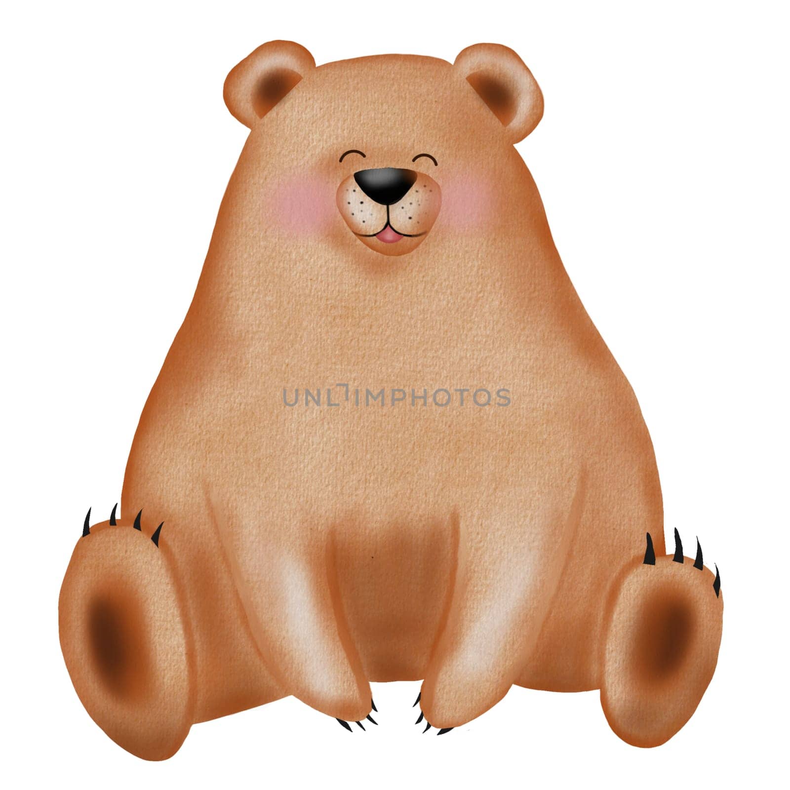 Watercolor drawing of a cute bear cheerful animal isolate on a white background. Pretty illustration for the design of children's cards and postcards. High quality photo