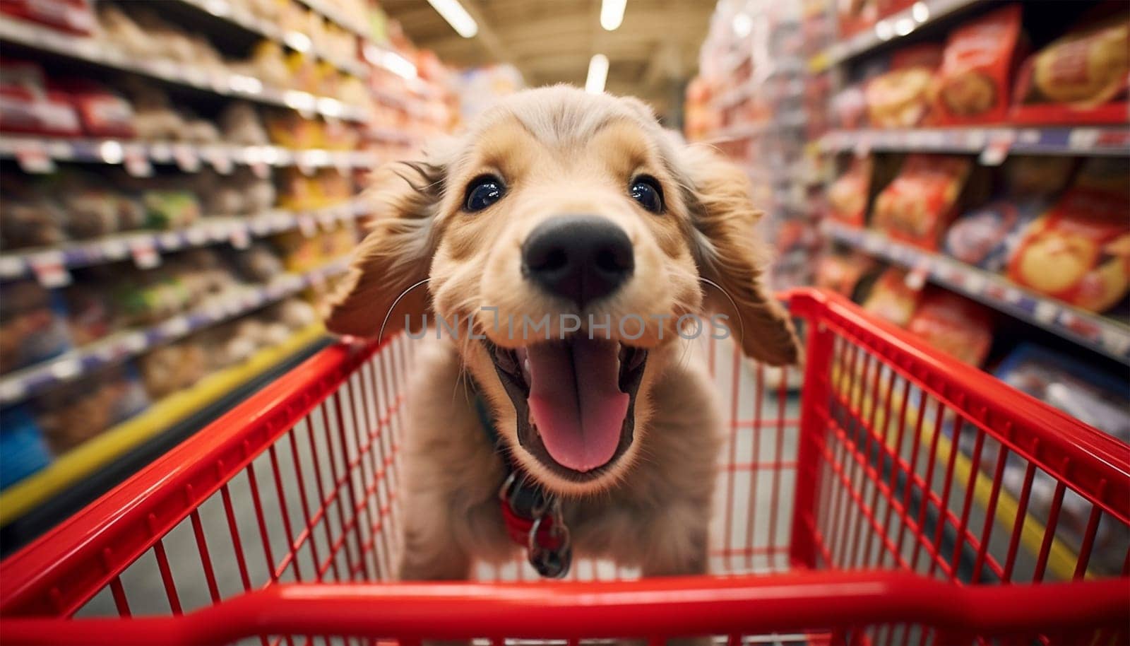 Cute funny dog in grocery store shopping in supermarket. puppy dog sitting in a shopping cart on blurred shop mall background. Concept for animal pets groceries,delivery,shopping background cute