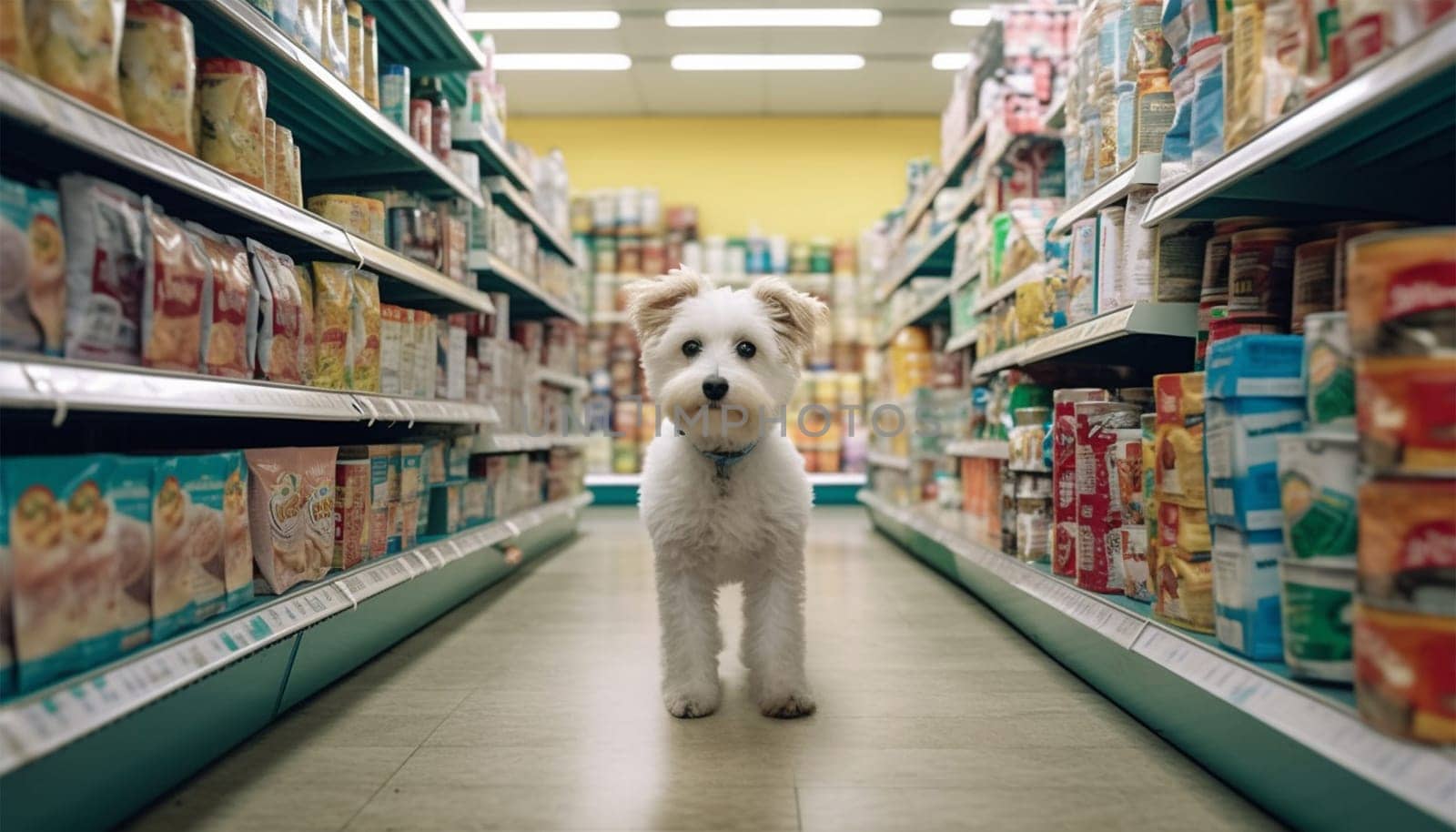 Cute funny dog in grocery store shopping in supermarket. puppy dog sitting in a shopping cart on blurred shop mall background. Concept for animal pets groceries,delivery,shopping background cute