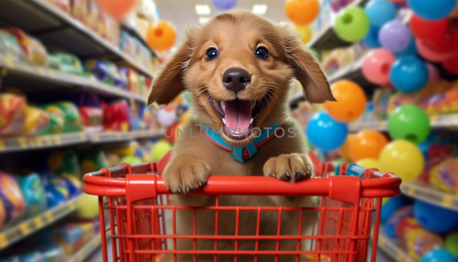Cute funny dog in grocery store shopping in supermarket. puppy dog sitting in a shopping cart on blurred shop mall background. Concept for animal pets groceries,delivery,shopping background cute