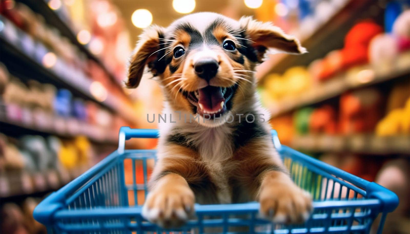 Cute funny dog in grocery store shopping in supermarket. puppy dog sitting in a shopping cart on blurred shop mall background. Concept for animal pets groceries,delivery,shopping background cute