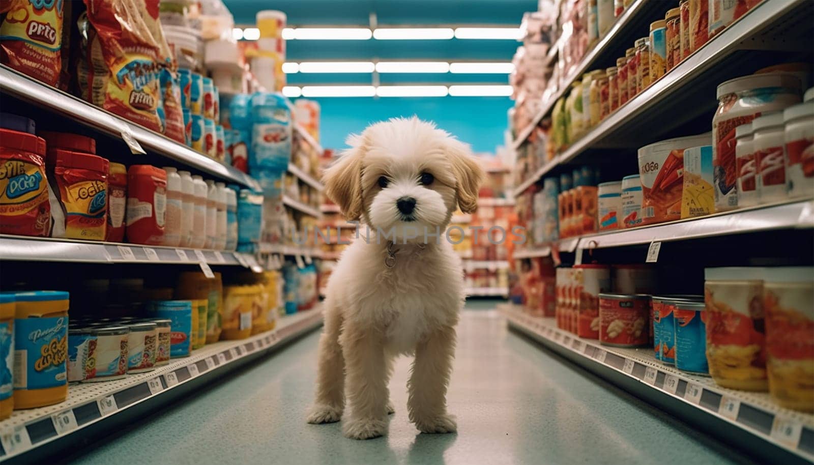 Cute funny dog in grocery store shopping in supermarket. puppy dog sitting in a shopping cart on blurred shop mall background. Concept for animal pets groceries,delivery,shopping background cute