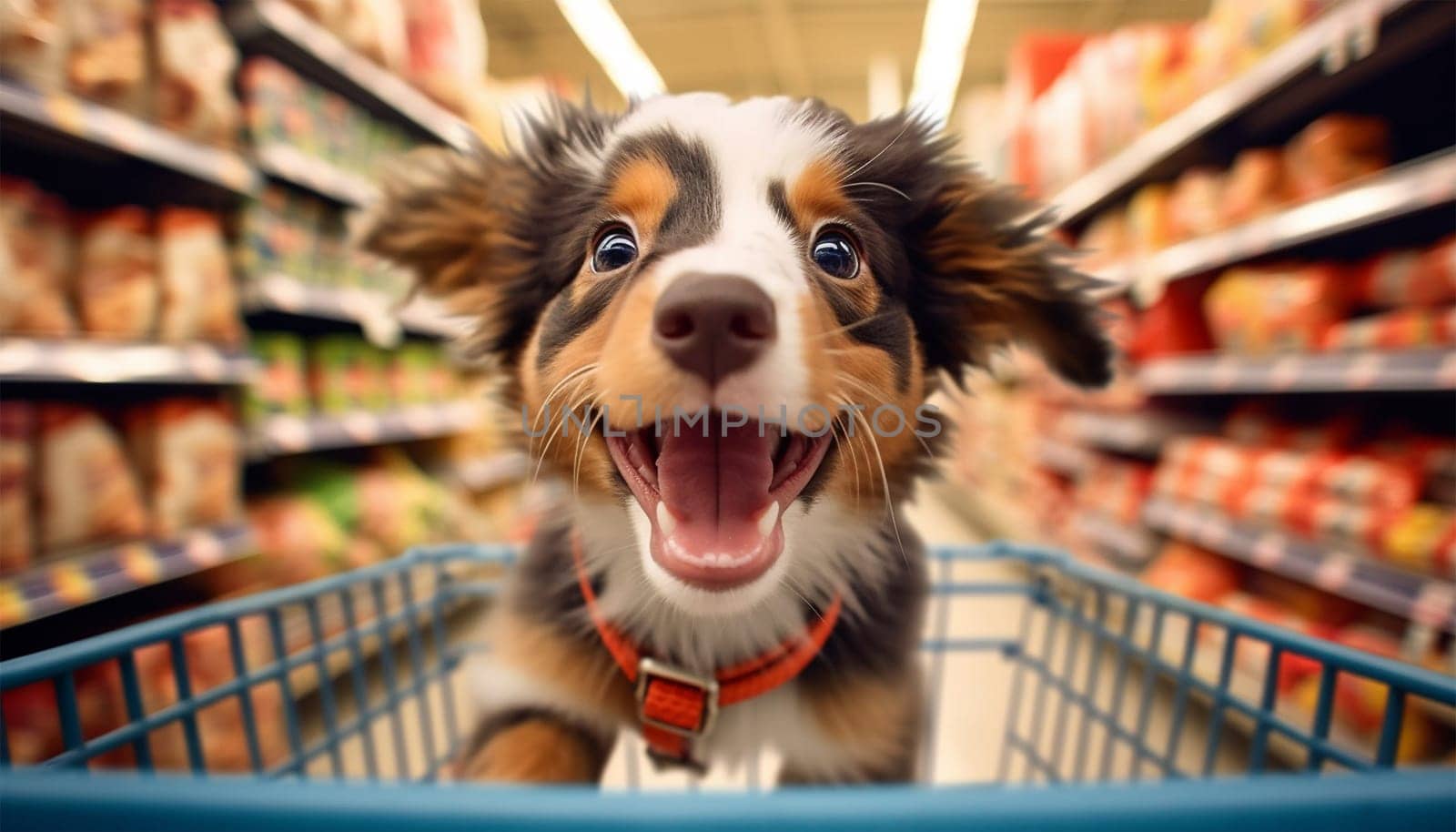 Cute funny dog in grocery store shopping in supermarket. puppy dog sitting in a shopping cart on blurred shop mall background. Concept for animal pets groceries,delivery,shopping background cute