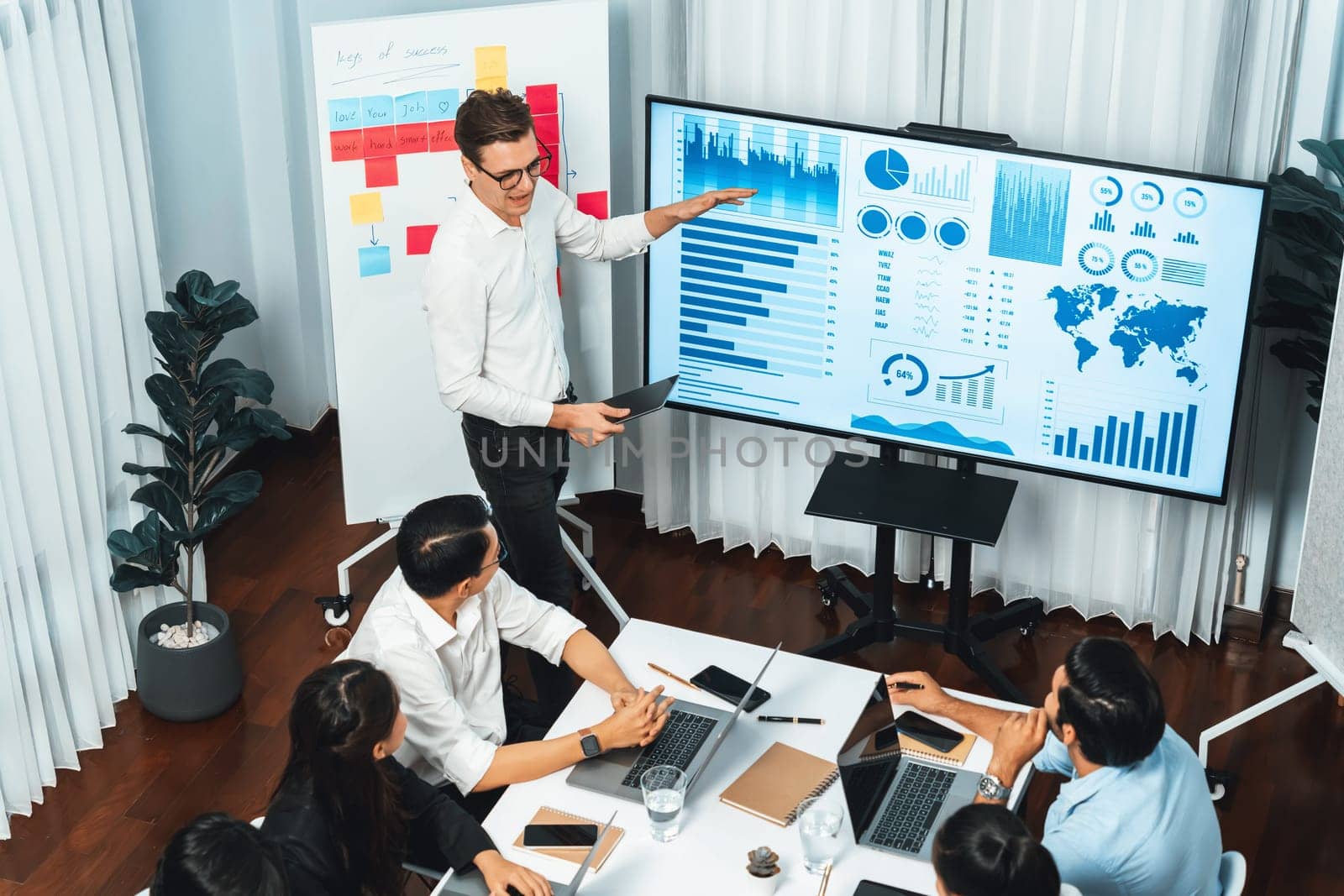 Presentation in office or meeting room with analyst team utilizing BI Fintech to analyze financial data. Businesspeople analyzing BI dashboard power display on TV screen for strategic planning.Prudent