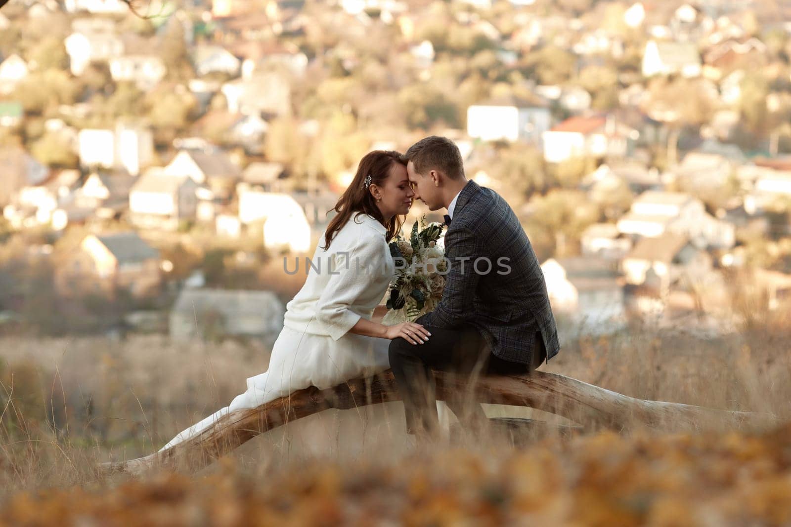 bride in white wedding dress and groom are sitting and kissing on tree in nature