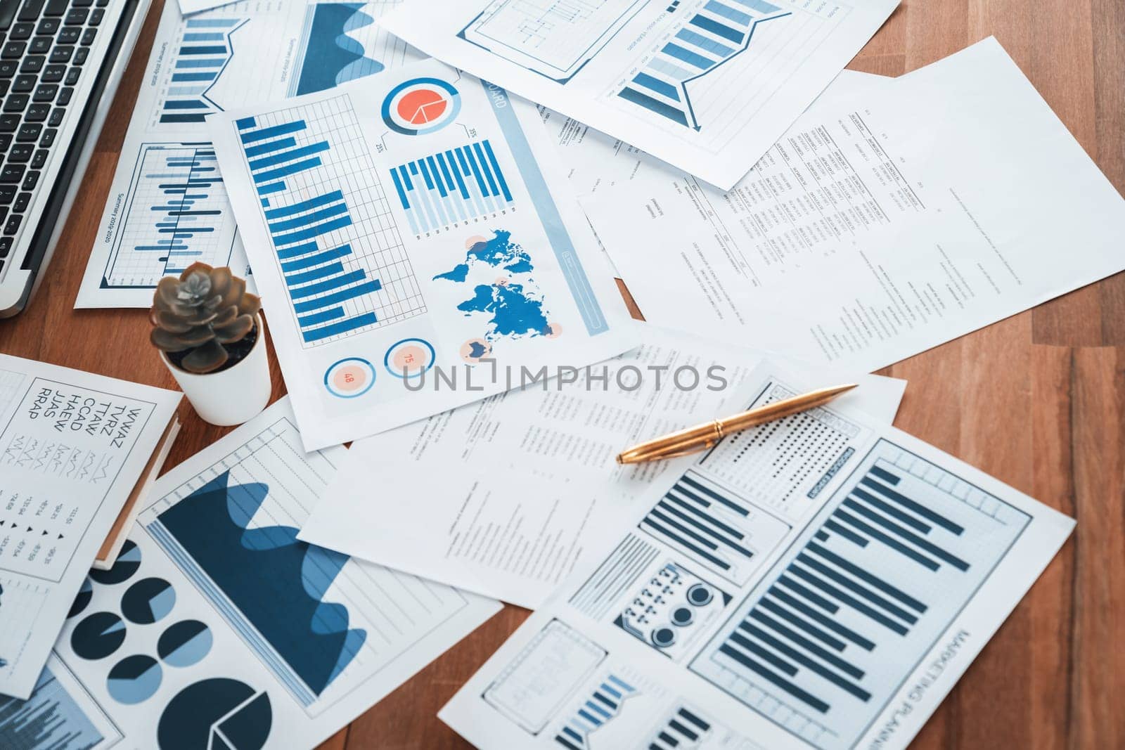 Piles of analyzed financial data dashboard on wooden office workspace desk. Business paper work with graph chart and analytic market trend indication data for strategic investment decision. Meticulous