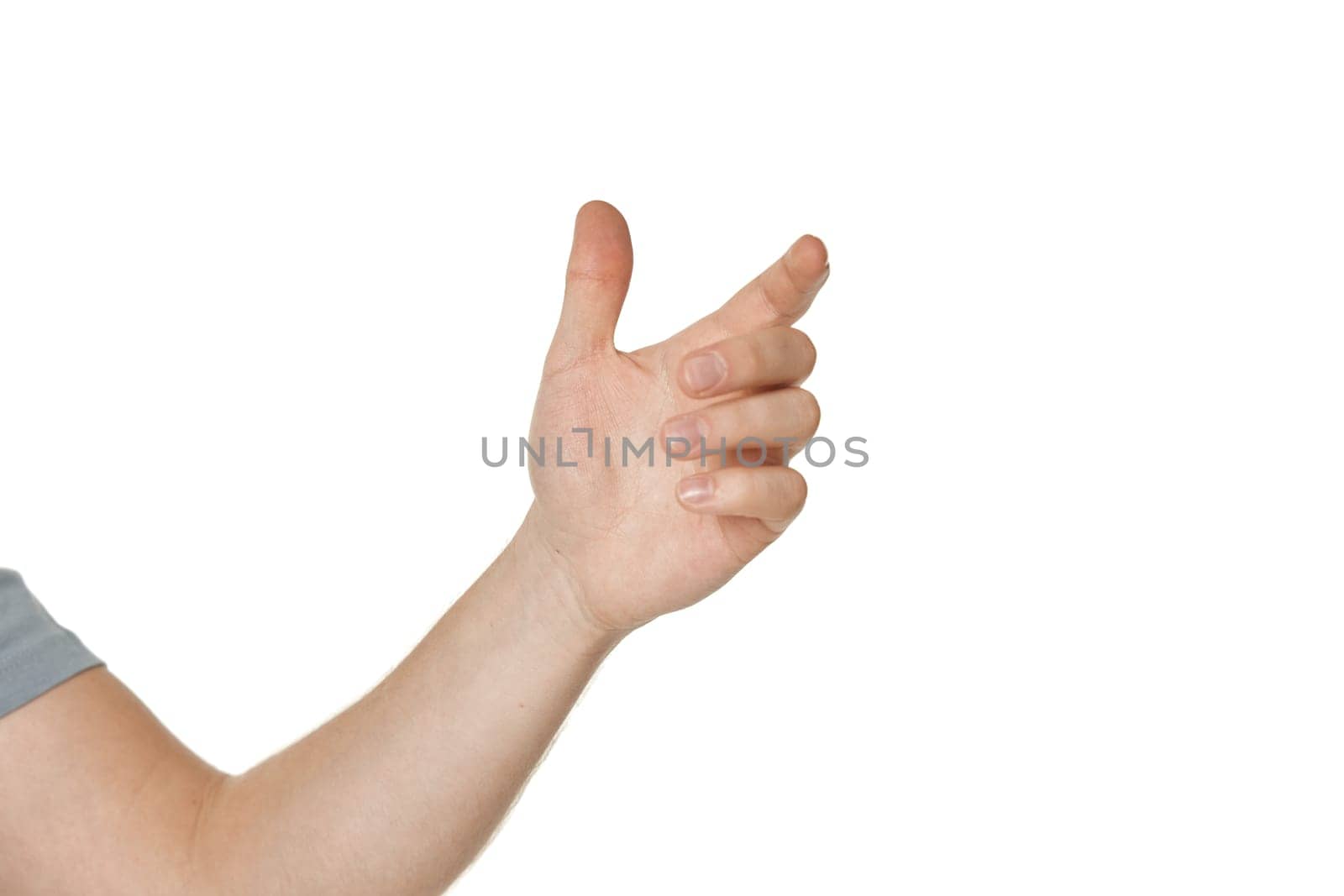 Empty male hand holding something isolated on white background