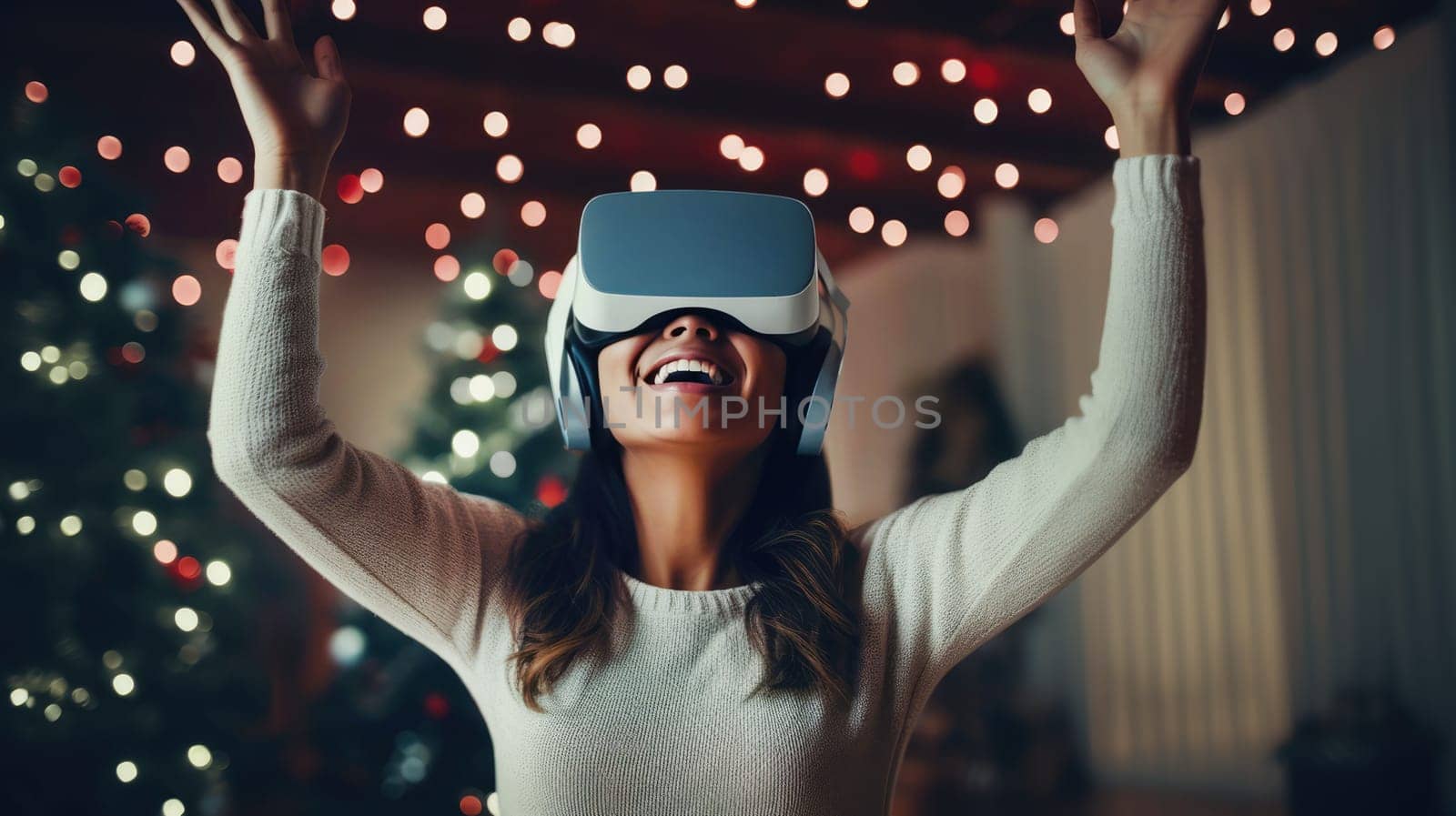 Attractive woman wearing VR goggles exploring cyberspace with Christmas decorated room on background.