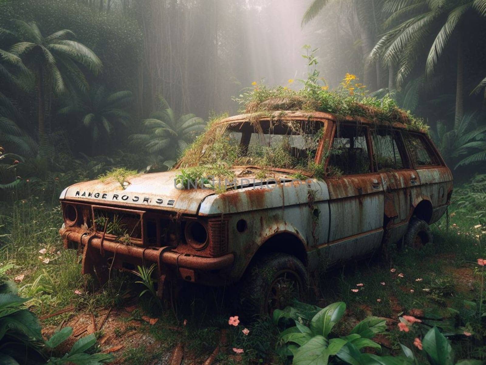 Abandoned rusty petrol luxury suv banned for co2 emission agenda, overgrowth plants bloom flowers by verbano