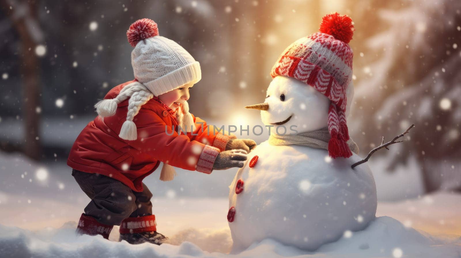 Kids building snow man playing outdoors on sunny snowy winter day. Outdoor family fun on Christmas vacation