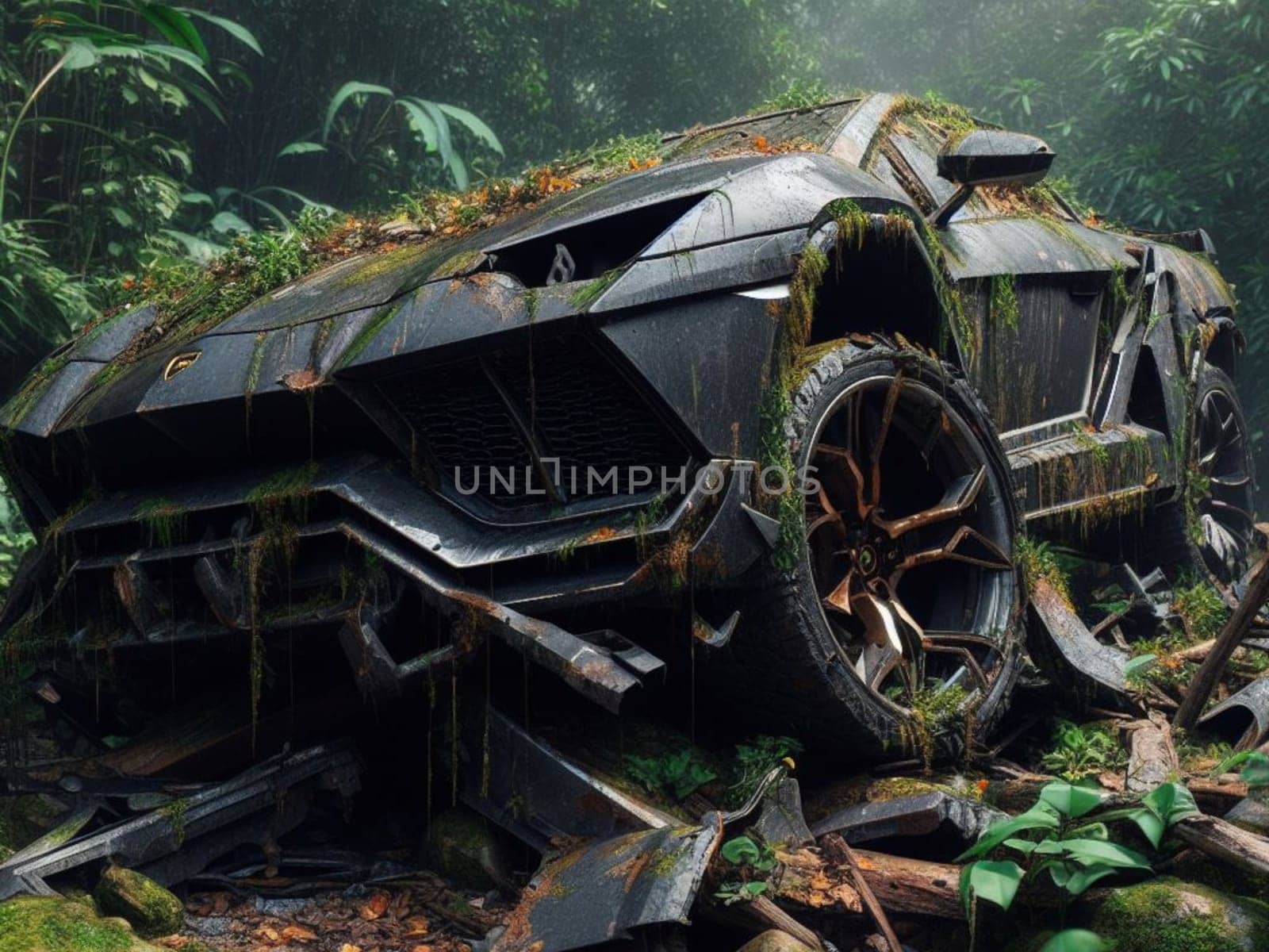 Abandoned rusty expensive atmospheric 4x4 suvas circulation banned for co2 emission 2030 agenda , severe damage, broken parts, plants overgrowth bloom flowers. ai generated