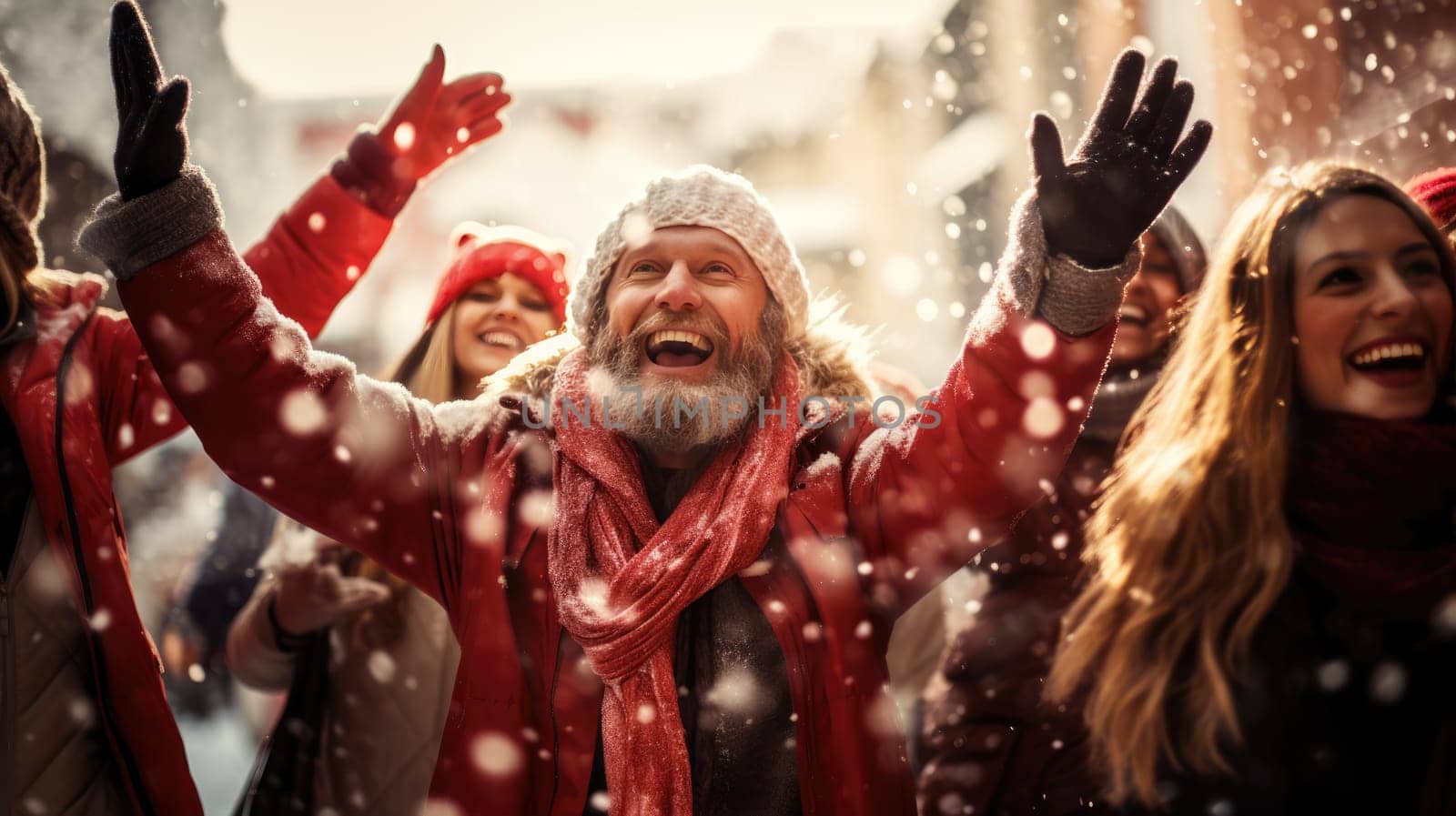 Happy Friends wearing winter clothes celebrating Christmas holiday. People having fun hanging out together walking on city street. Winter holidays and relationship concept.