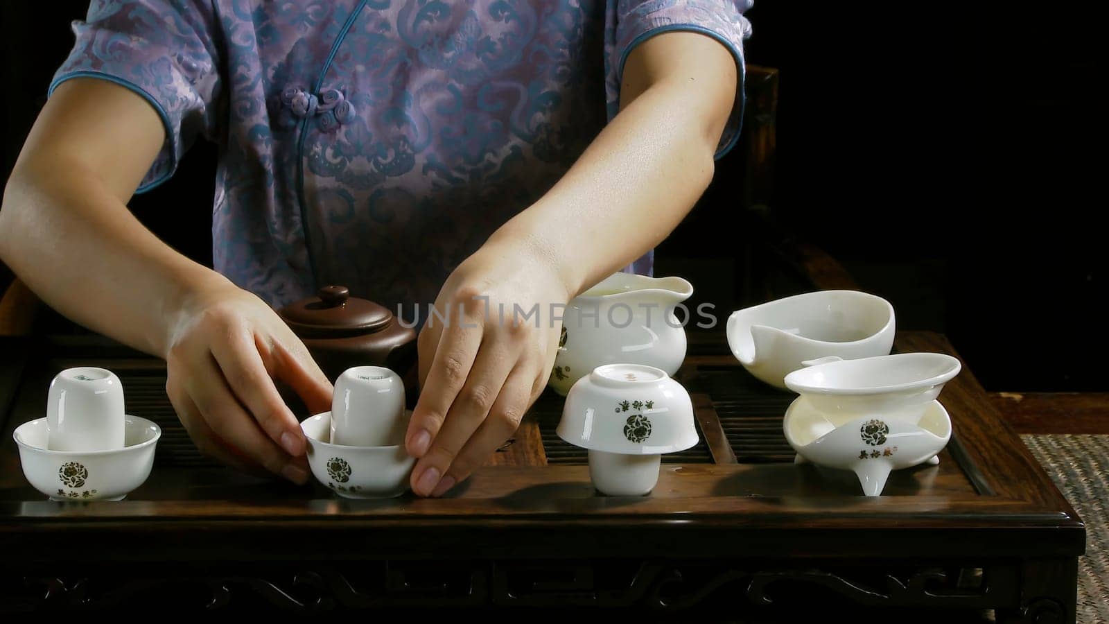 Close-up table for the tea ceremony utensils and bamboo. Chinese tea ceremony. Japanese tea ceremony 4K