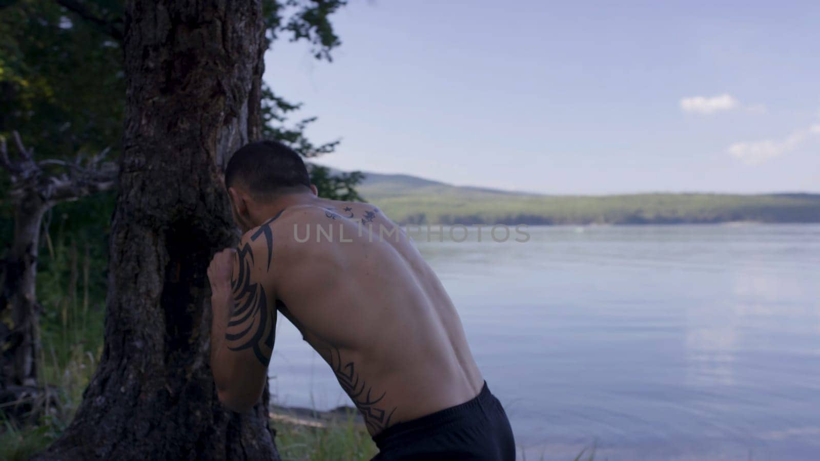 Male boxer practicing on nature near tree. Boxer practicing on the lake. Boxer doing shadow Boxing in the nature near the lake.