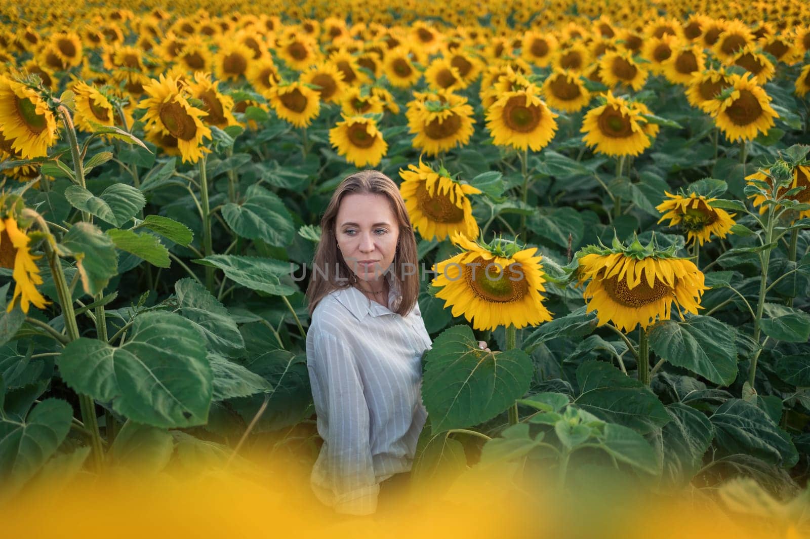 Portrait of beautiful woman posing in field with sunflowers, enjoying nature and summer.