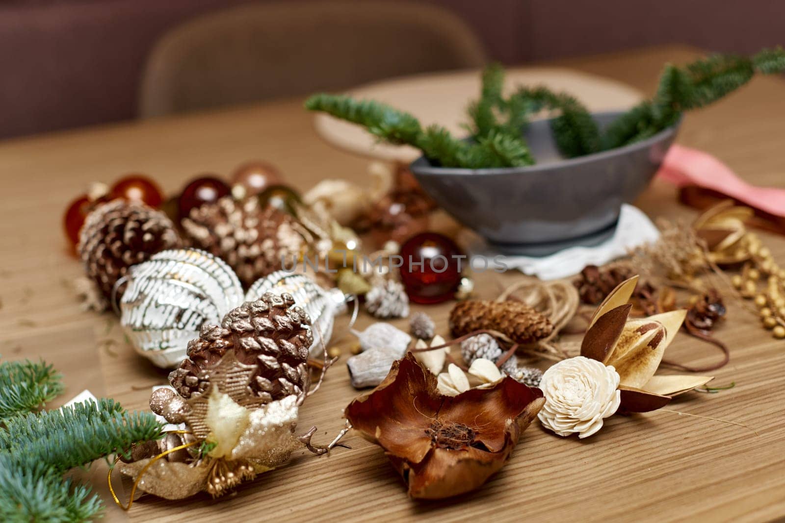 Homemade Craft christmas tools and decorations on table
