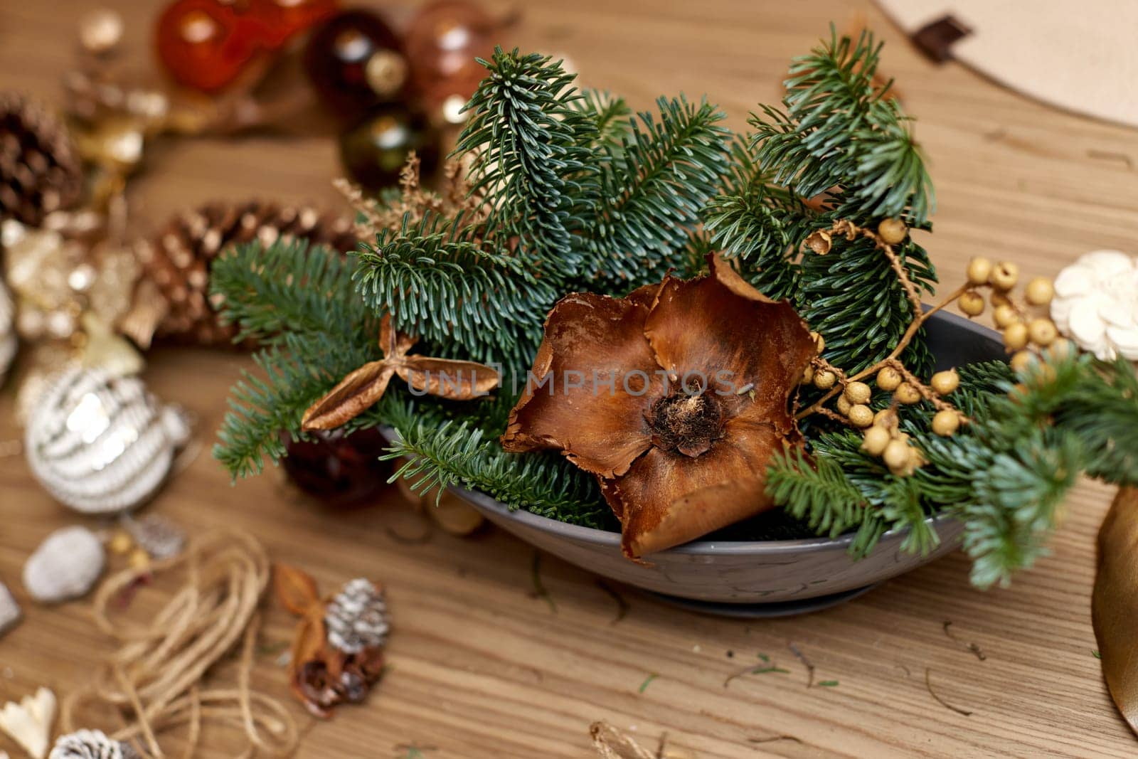 Homemade Craft christmas tools and decorations on table