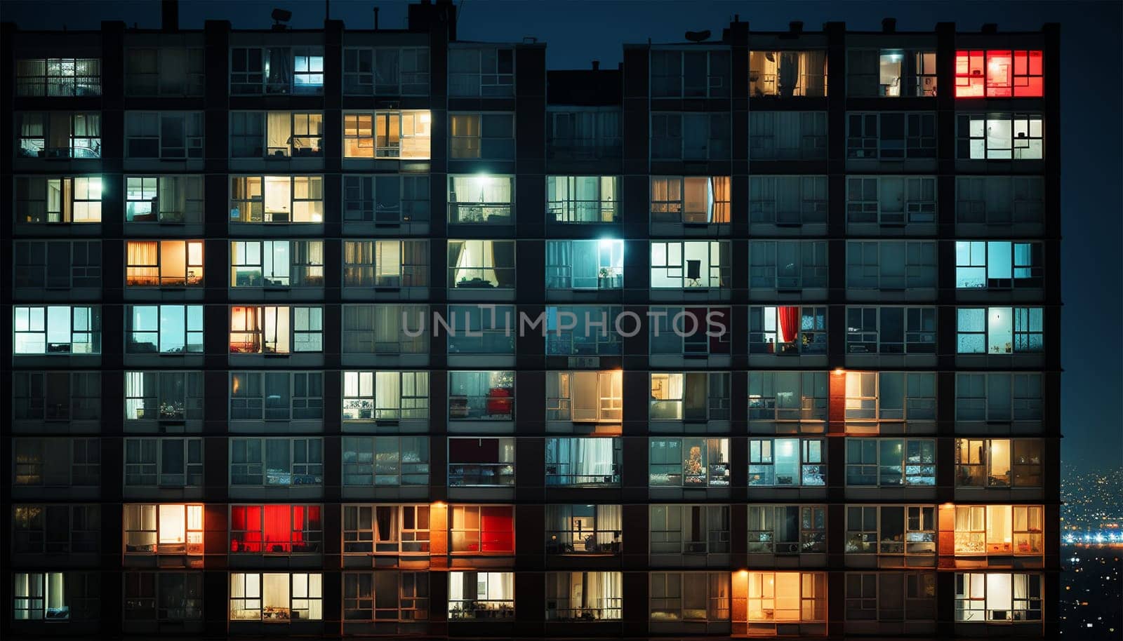 Apartment building by night. Lights in windows. windows building front facade by night in the city night shot of building colorful lights by Annebel146