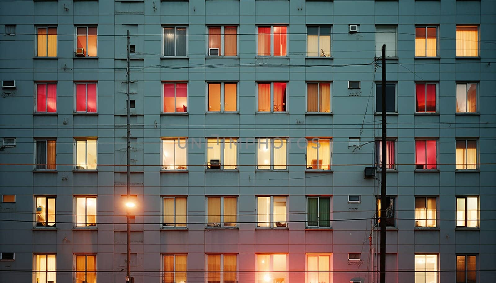 Apartment building by night. Lights in windows. windows building front facade by night in the city night shot of building colorful lights cozy
