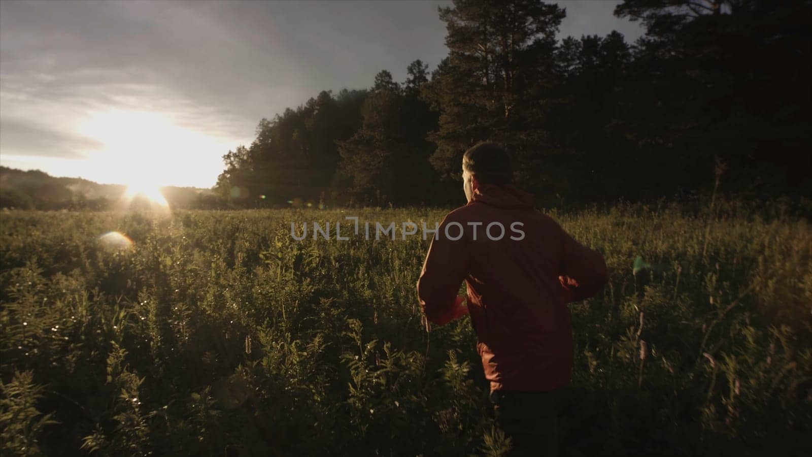 Rear view of a man running through wild green field with long grass. Camera follows runner in beautiful quiet fall, sunset meadow background.