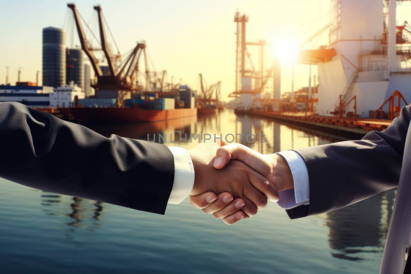 Businessmen shaking hands on background with cargo sea port. Business deal concept by andreyz