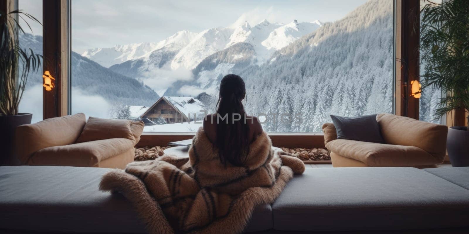 Traveler enjoying weekends inside contemporary barn house in the mountains. Happy tourist looking through panoramic windows in new cottage. comeliness