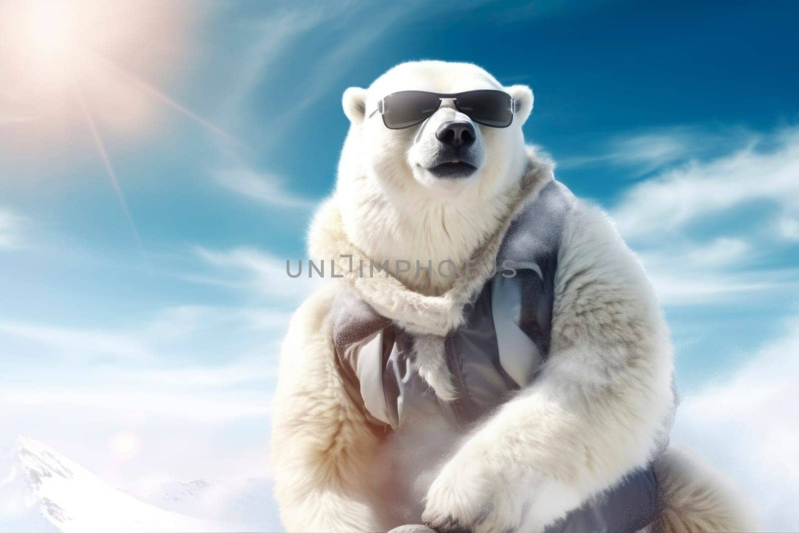 A stylish polar bear donned in sunglasses captures the essence of Arctic coolness against the vast blue sky