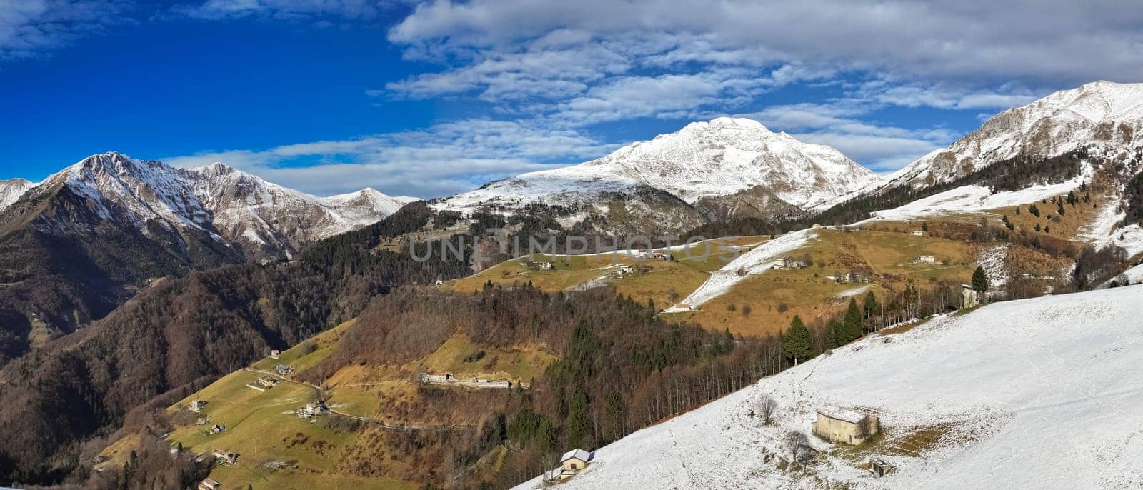 Aerial view of Mount Arera , mount Alben and mount Grem in the Seriana valley and Brembana valley, lombardy, Bergamo, Italy