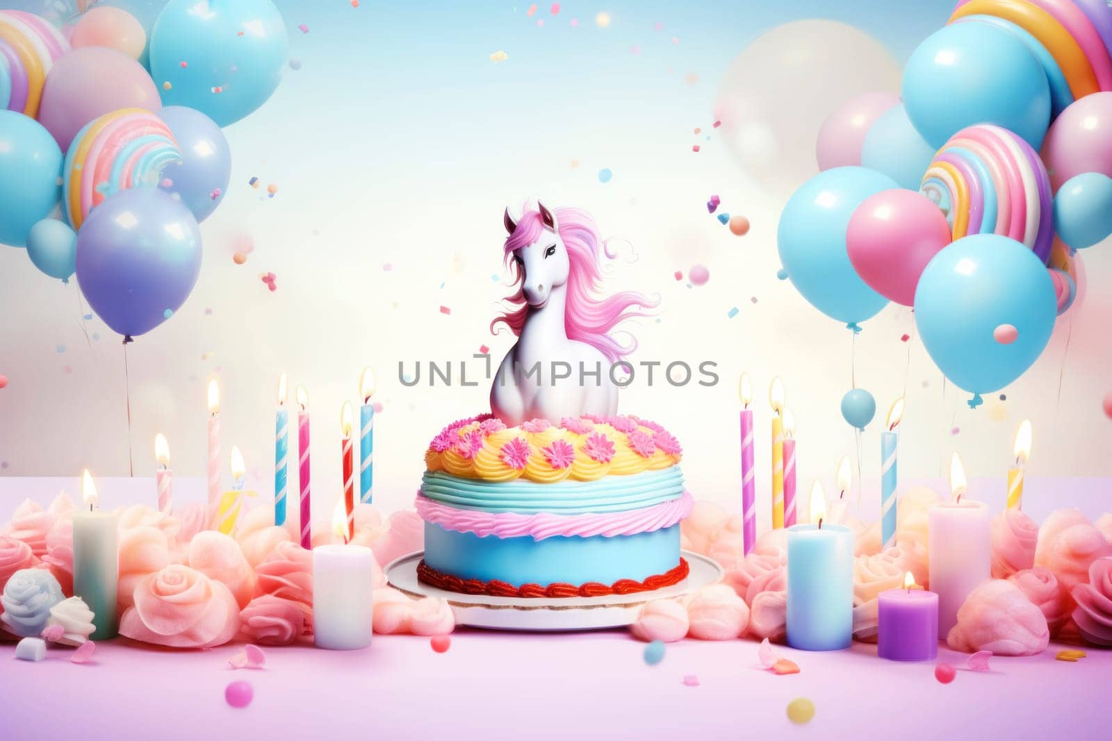 Poster or birthday card with unicorn, cake, balloons and candles in bright colors. Birthday card
