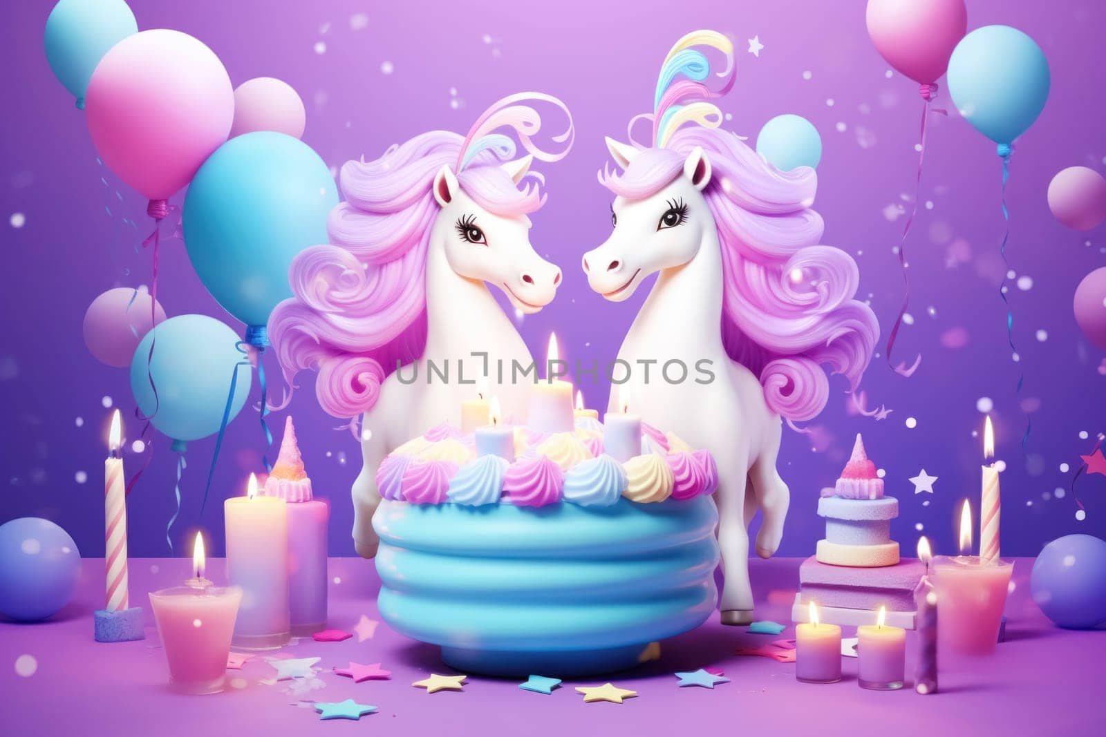 Poster or birthday card with unicorn, cake, balloons and candles in bright colors. Birthday card