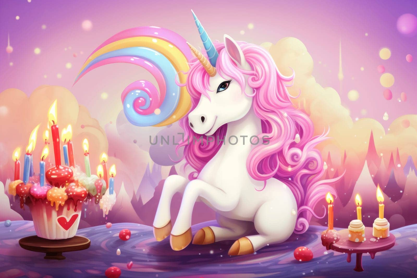 Poster or birthday card with unicorn, cake, balloons and candles in bright colors. Birthday card