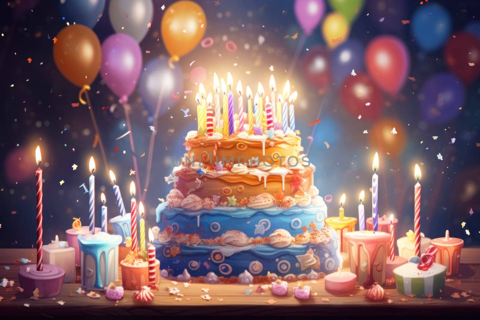 Birthday background with birthday cake with birthday candles and colorful balloon. Birthday card.