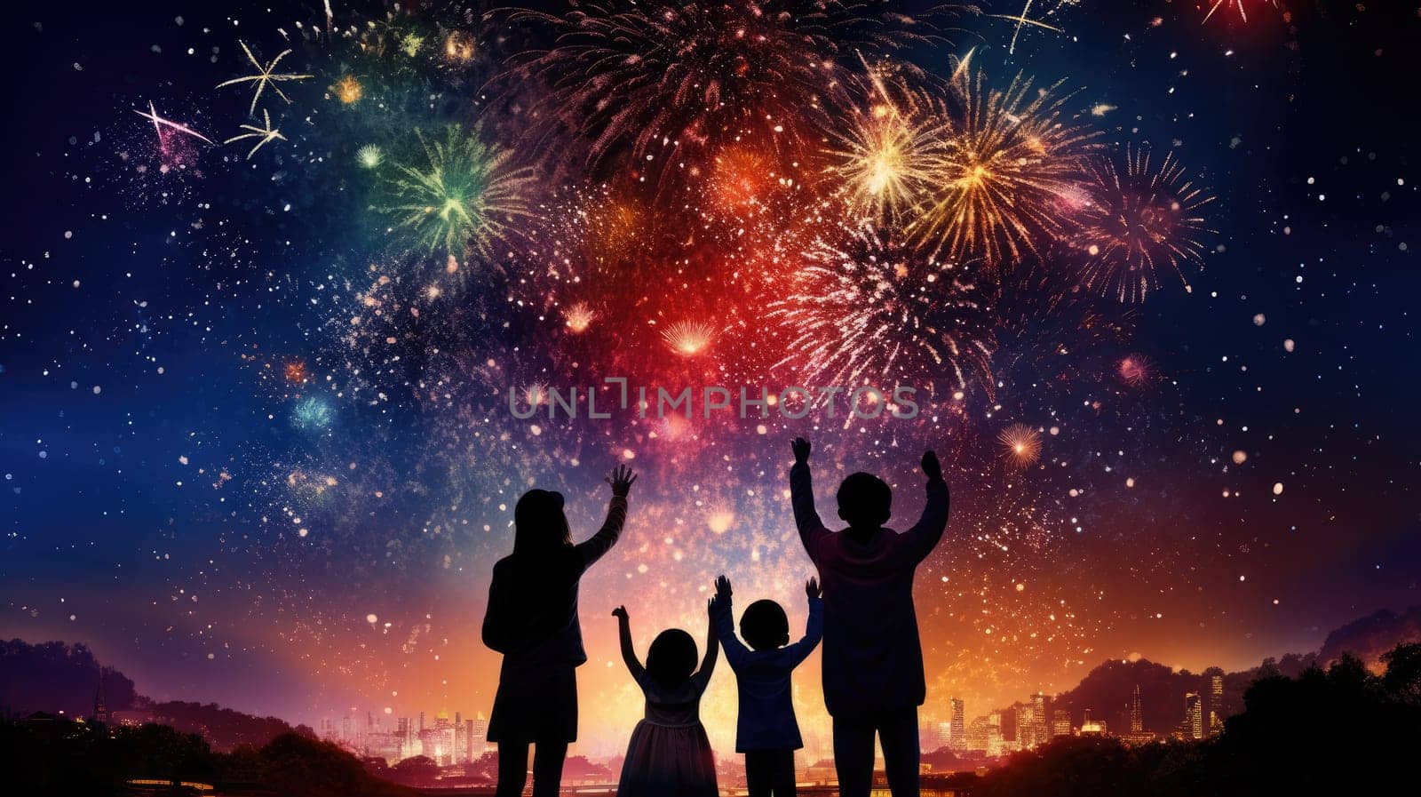 Happy people looking up to the sky with firework in new year 2024 comeliness by biancoblue