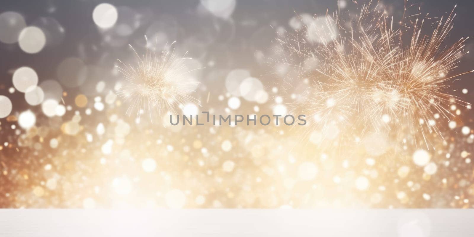 Bright white and gold fireworks at New Year with space. comeliness. by biancoblue