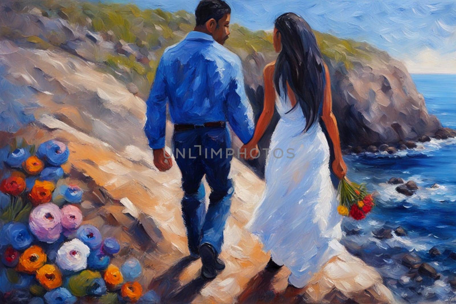 heterosexual couple walking by hand in the beach, romantic valentine painting illustrationgenerative ai art