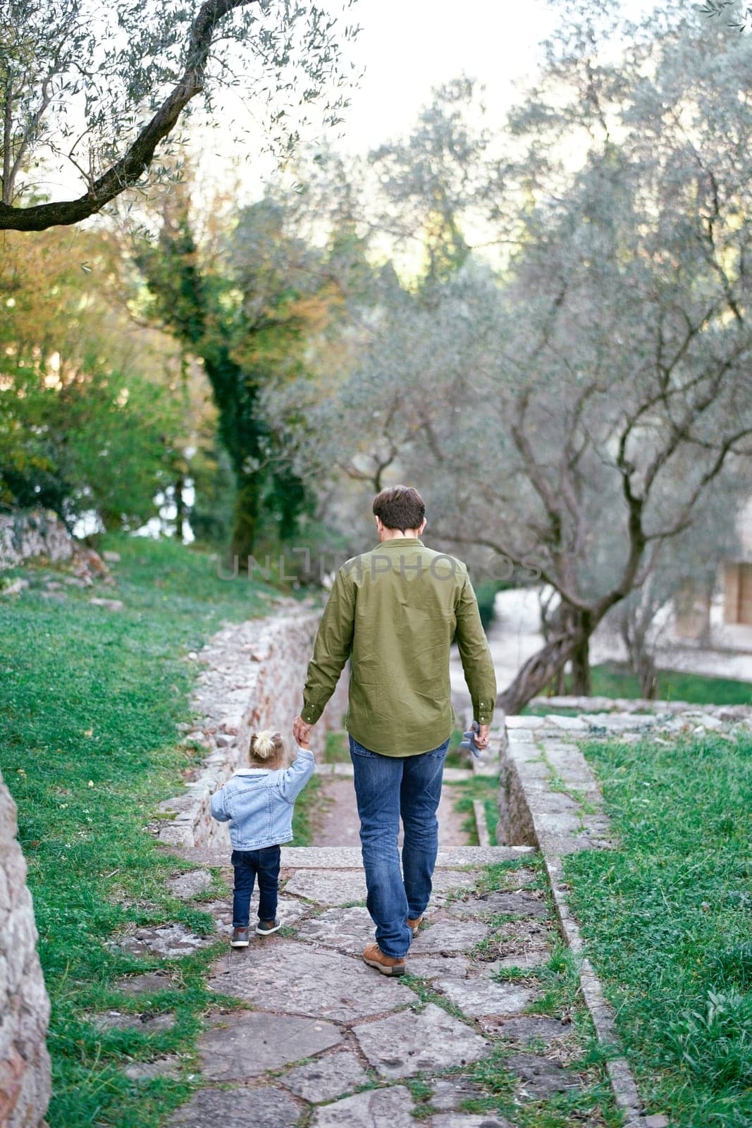 Dad and a little girl walk to the steps along the paved path in the park, holding hands. Back view. High quality photo